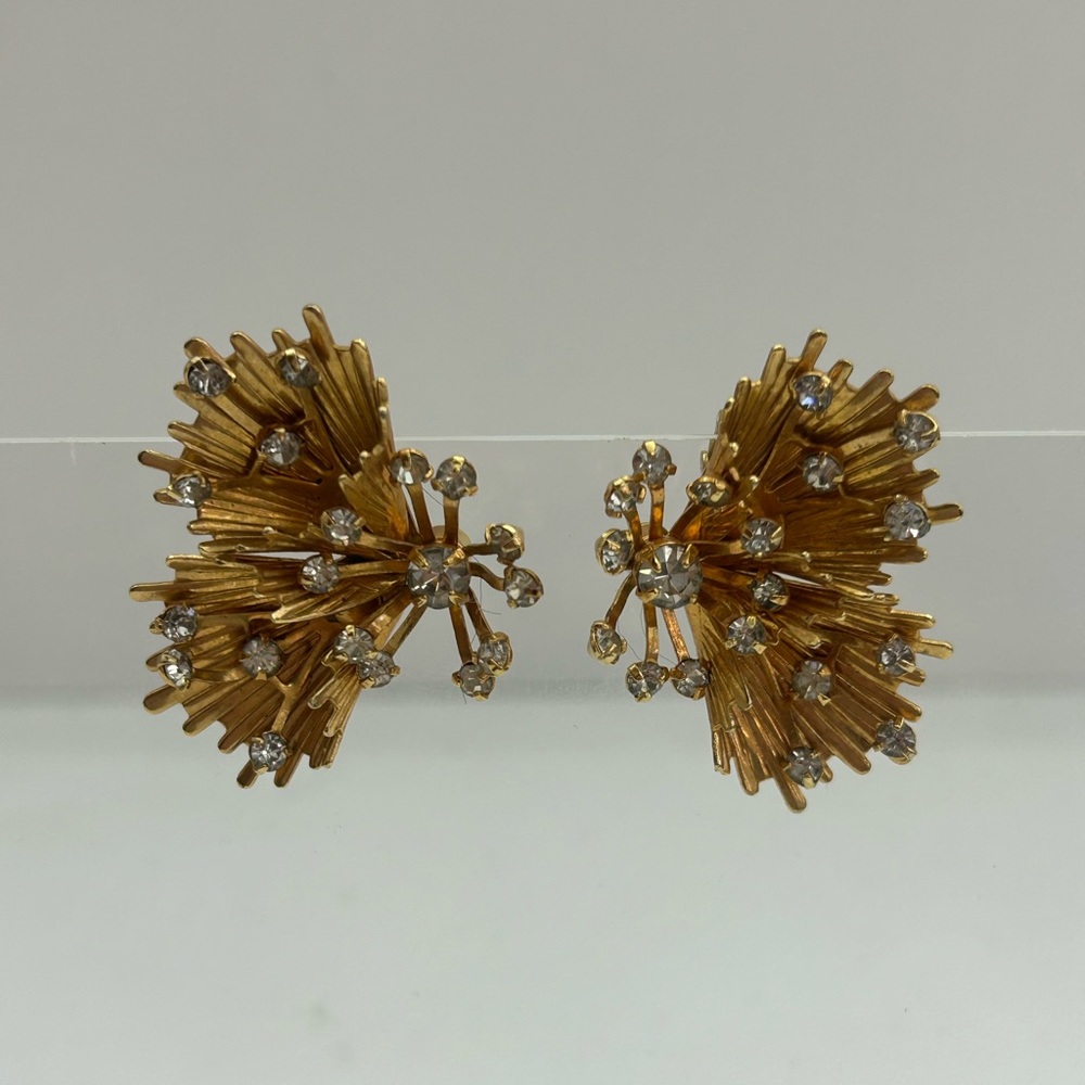 Vintage gold toner burst clip ons with glass crystals
